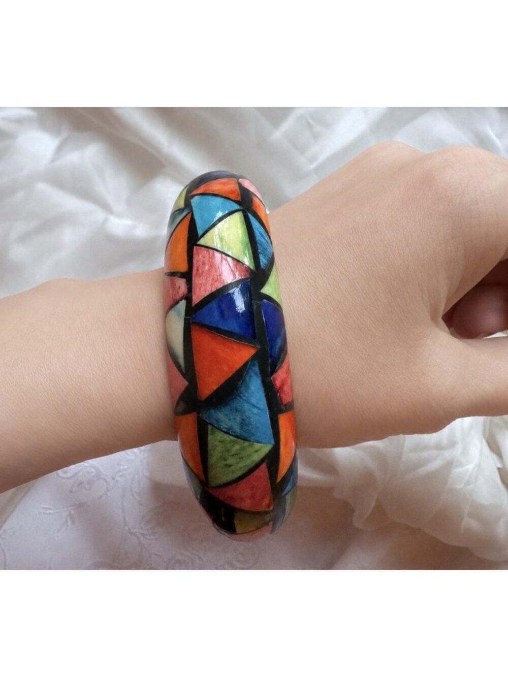 Colorful Wood Wide Geometric Triangles Bangle Bracelet Colorful NEW